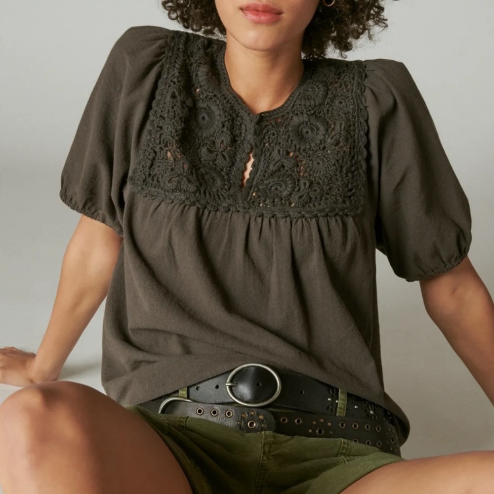 Lucky Brand Crochet Detail Peasant Blouse Top